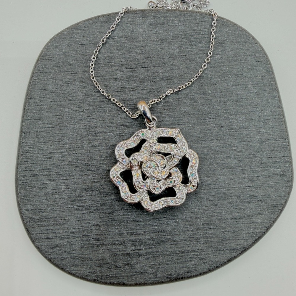 Silver Tone AB Rhinestone Rose Flower Pendant Necklace Layered Floral Statement